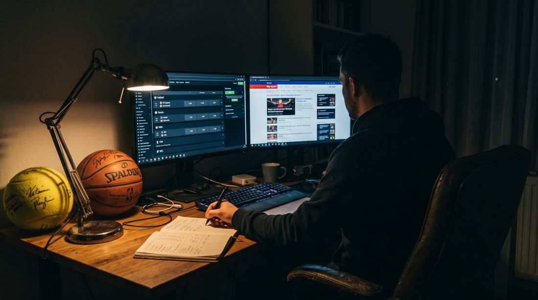 Sportwetten Analyst am Schreibtisch mit Quoten-Statistiken, Basketball und Tennisball