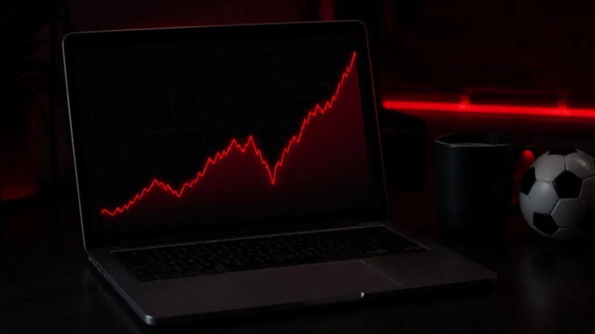 Drawdown bei Sportwetten: Laptop mit Kurve, die trotz Aufwärtstrend tief einbricht
