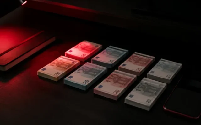 Bankroll Management Sportwetten: Geldscheine in gleich großen Stapeln neben Notizbuch und Taschenrechner