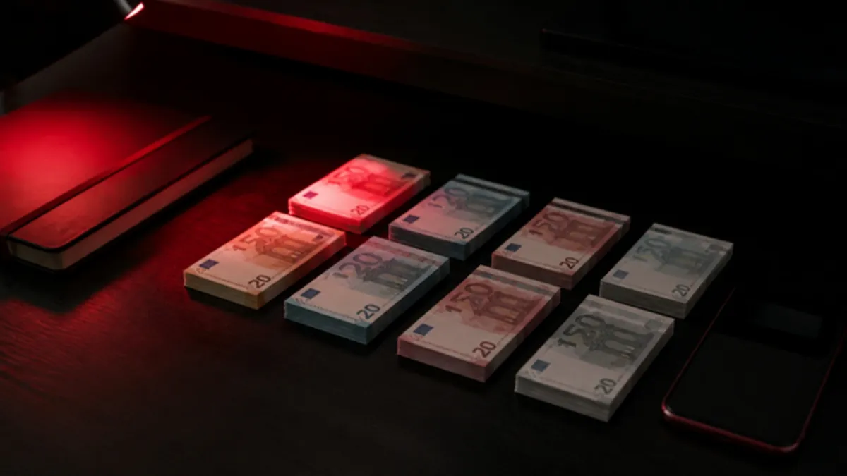 Bankroll Management Sportwetten: Geldscheine in gleich großen Stapeln neben Notizbuch und Taschenrechner