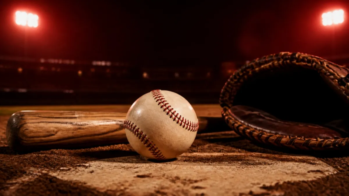 Baseball Regeln: Ball auf der Home Plate mit Schläger und Fanghandschuh