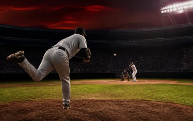 Baseball Regeln: Pitcher wirft vom Mound zur Home Plate bei Flutlicht
