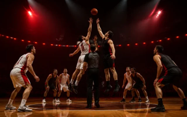 Basketball Regeln: Sprungball beim Tip-off in einer dunklen Arena