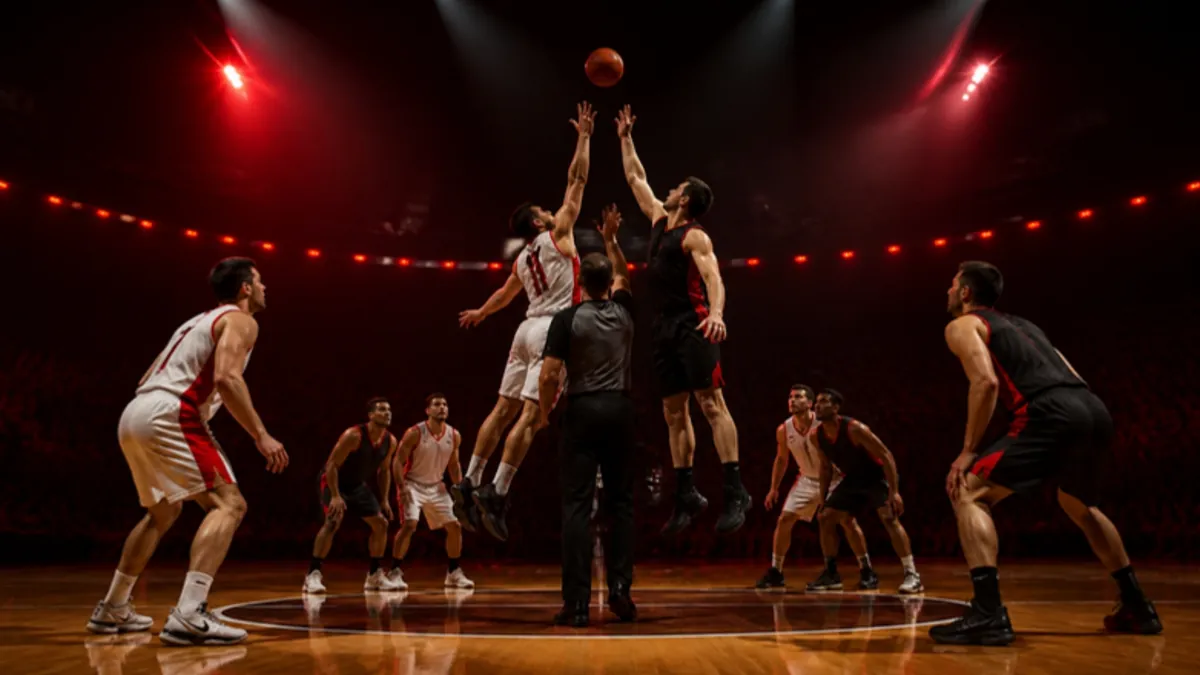 Basketball Regeln: Sprungball beim Tip-off in einer dunklen Arena