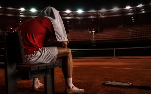 Emotionen im Sport: Tennisspieler mit Handtuch über dem Kopf auf der Bank beim Seitenwechsel