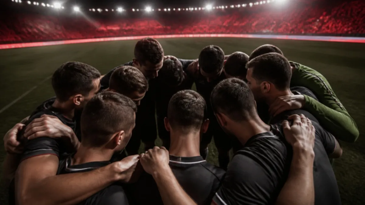 Emotionen im Mannschaftssport: Team bildet einen Kreis und stützt einen niedergeschlagenen Spieler