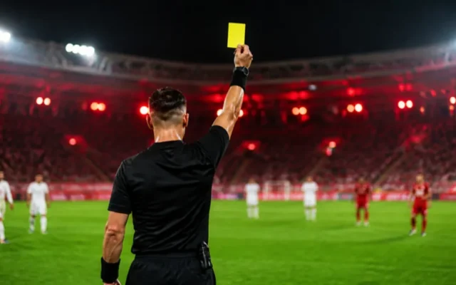 Fußball Regeln: Schiedsrichter zeigt im Flutlicht die Gelbe Karte