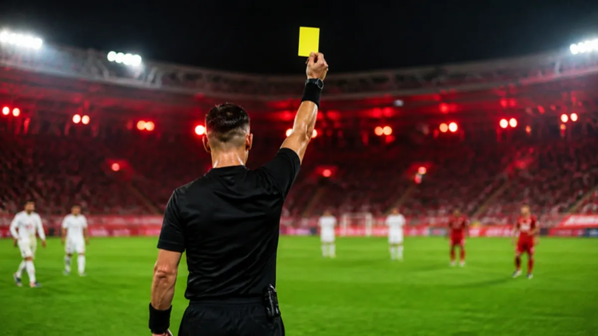 Fußball Regeln: Schiedsrichter zeigt im Flutlicht die Gelbe Karte