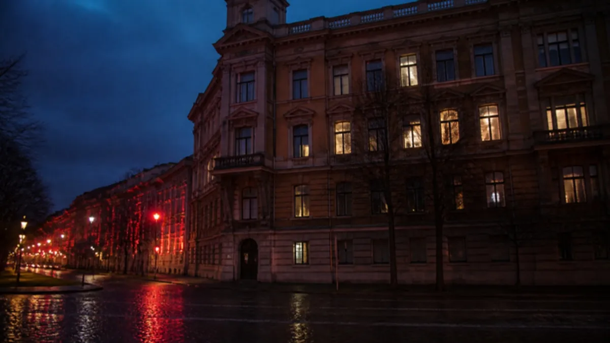 Glücksspielbehörde Halle: historisches Verwaltungsgebäude am Abend in Halle (Saale)