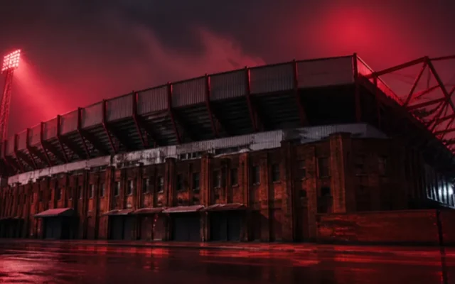 Manchester United Schulden: Backstein-Stadion bei Nacht in rotem Licht