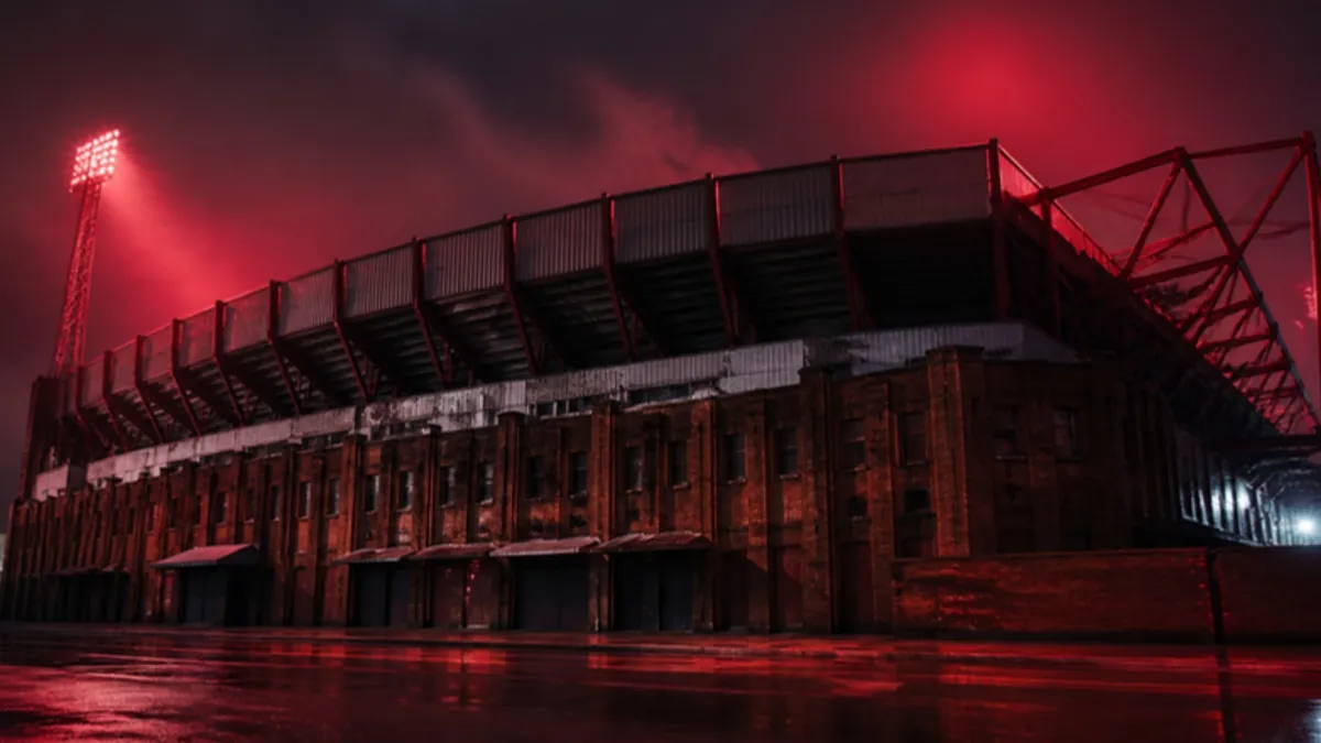 Manchester United Schulden: Backstein-Stadion bei Nacht in rotem Licht