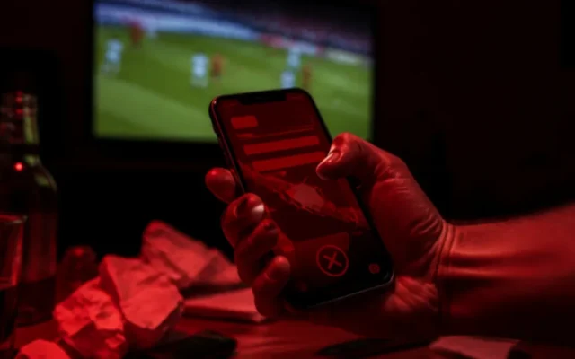 Verluste zurückholen bei Sportwetten: Hand umklammert ein Smartphone mit rot leuchtendem Wettschein