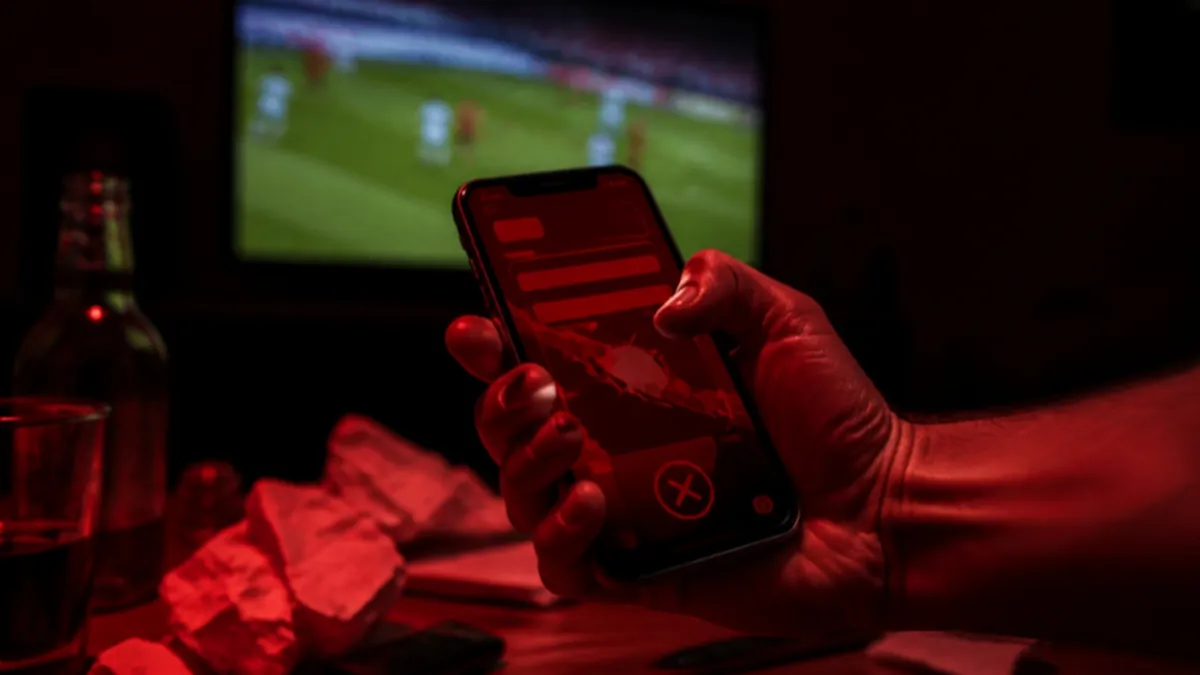 Verluste zurückholen bei Sportwetten: Hand umklammert ein Smartphone mit rot leuchtendem Wettschein