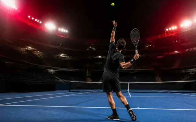 Tennis Regeln: Spieler beim Aufschlag auf einem Hartplatz im Flutlicht