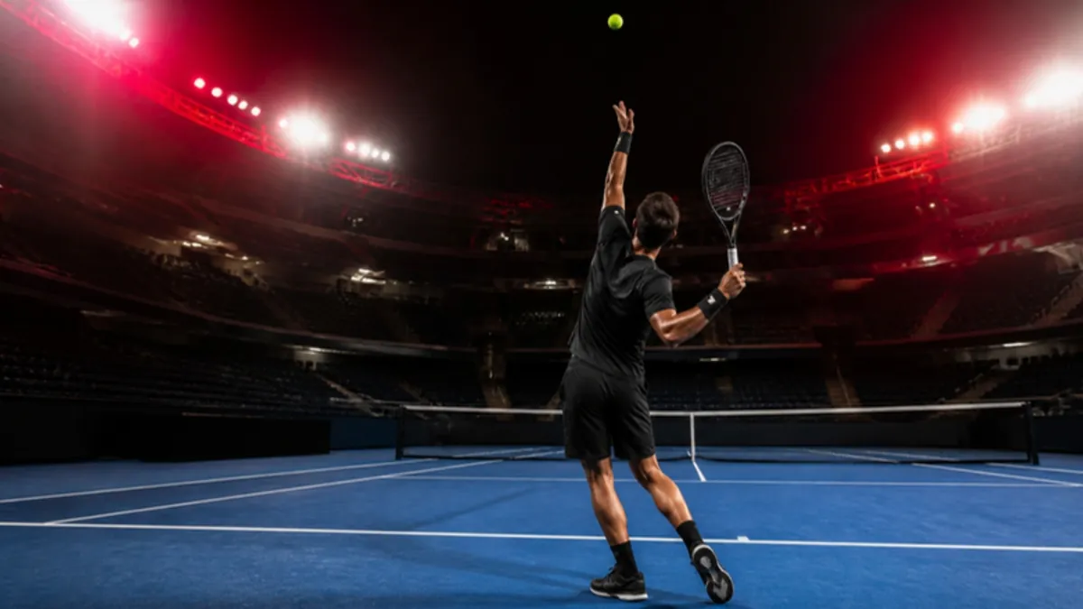 Tennis Regeln: Spieler beim Aufschlag auf einem Hartplatz im Flutlicht