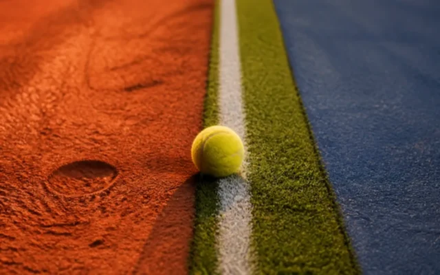 Tennis Wetten Strategie: Tennisball an der Grenze von Sand, Rasen und Hartplatz