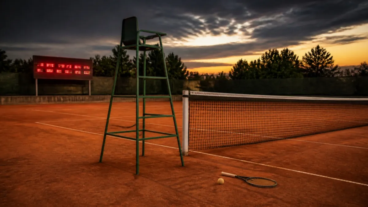 Tennis Zählweise: Schiedsrichterstuhl am Netz auf einem Sandplatz am Abend