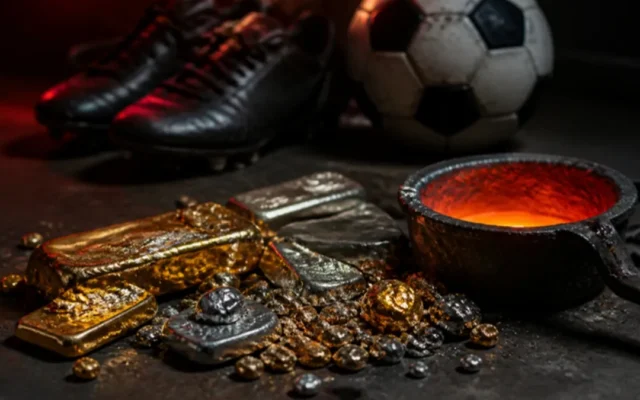 Türkischer SV Pforzheim Geldwäsche: eingeschmolzenes Gold neben Fußballschuhen und Ball
