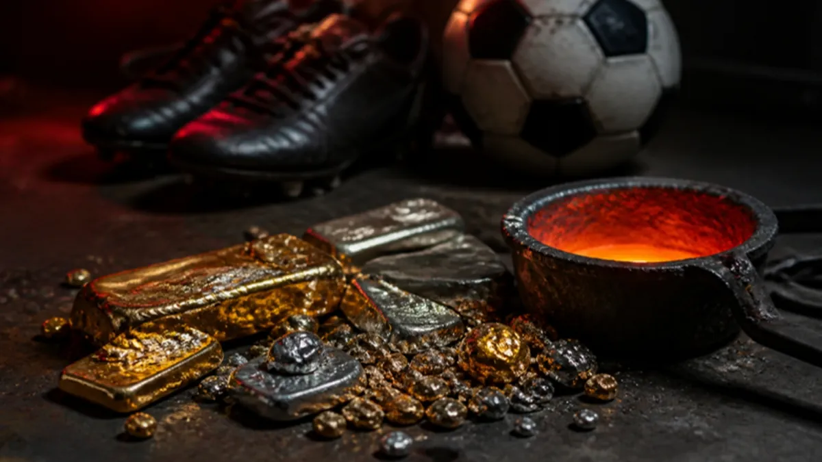 Türkischer SV Pforzheim Geldwäsche: eingeschmolzenes Gold neben Fußballschuhen und Ball