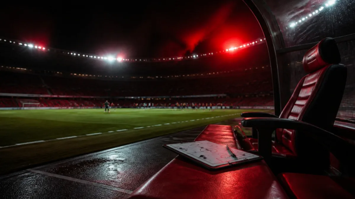 Vincent Kompany fehlt: leere Trainerbank mit Taktikmappe im Stadion bei Flutlicht