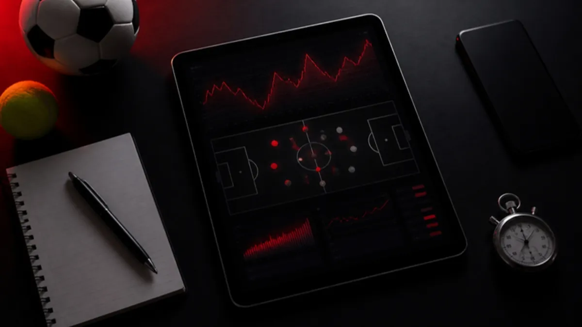 Wettanalyse Fußball: Tablet mit Statistiken, Notizbuch, Stoppuhr, Fußball und Tennisball